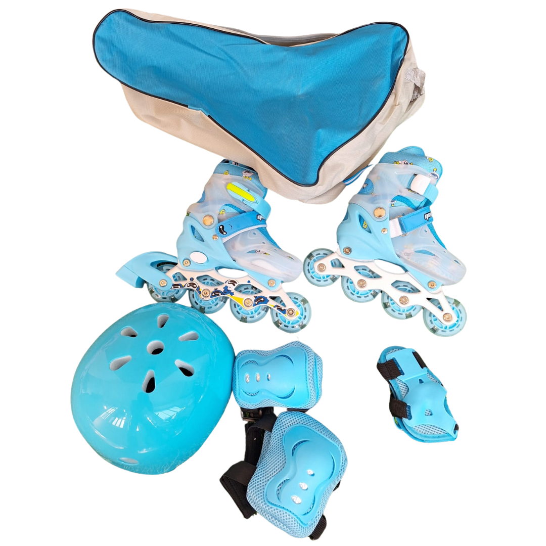 EU 31–35 Blue Inline Skates for Kids with Rubber Wheels & Protective Gear Set - Children's Skating Kit
