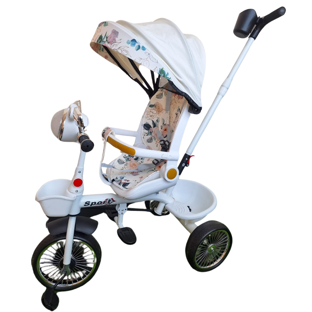 White Push Handle Tricycle with Floral Canopy and Safety Harness for Kids - Toddler Bike