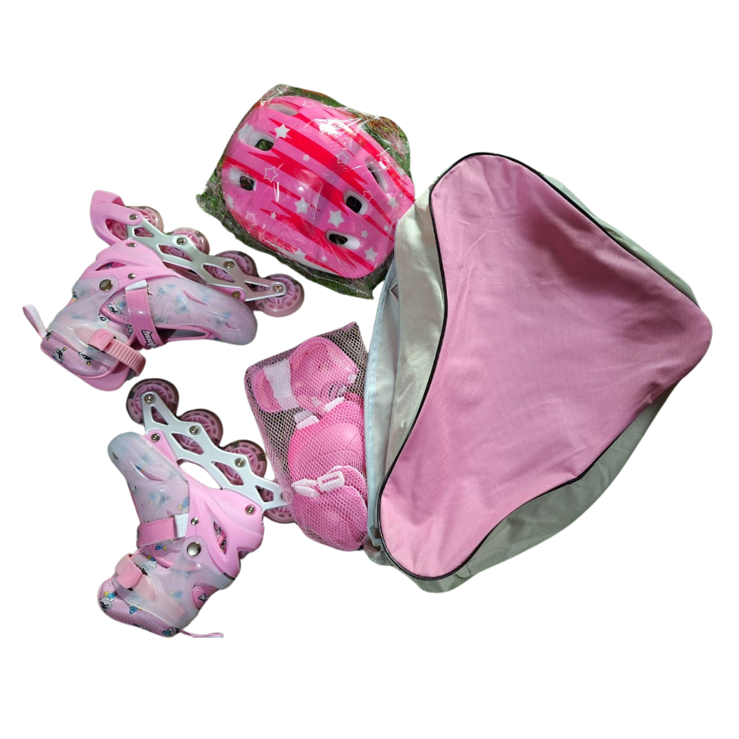 EU 28–31 Pink Starry Inline Skates for Kids with Protective Gear and Helmet Set - Children's Skating Kit