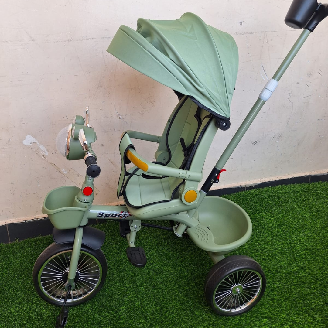Green Push Handle Tricycle with Canopy and Safety Harness for Kids - Toddler Bike