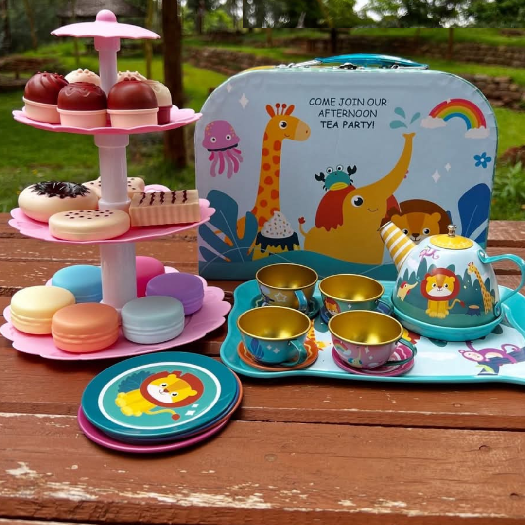Toy Tea Set for Kids Pretend Play Safari Animal Theme with Teapot and Dessert Stand in Kenya