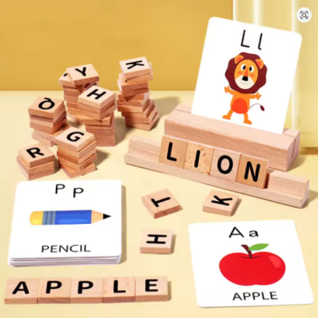 Kids Spelling Game Set with Alphabet Cards and Wooden Blocks for Ages 3-6 