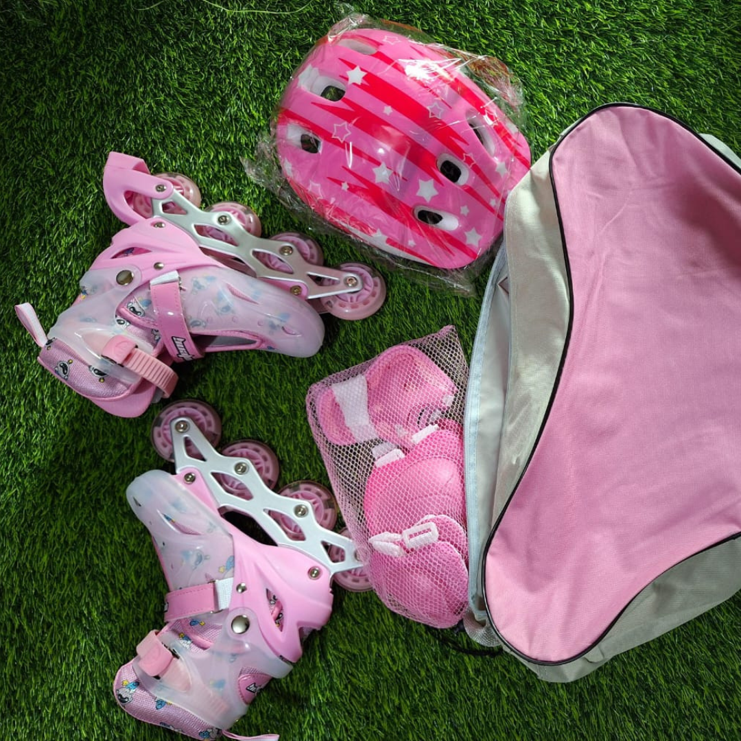 Pink Starry Inline Skates for Kids with Protective Gear and Helmet Set - Children's Skating Kit