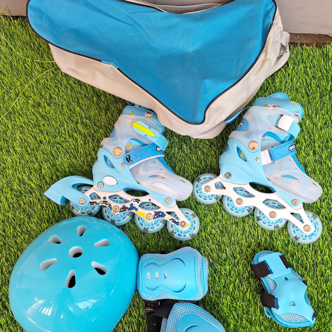 Blue Inline Skates for Kids with Rubber Wheels & Protective Gear Set - Children's Skating Kit