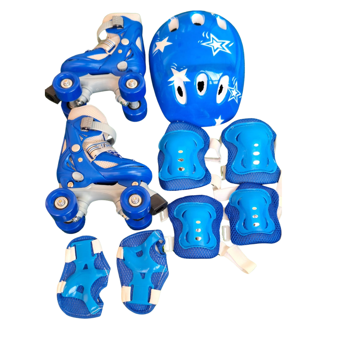 EU 28–31 Blue Starry Quad Skates for Kids with Protective Gear and Helmet Set - Children's Skating Kit