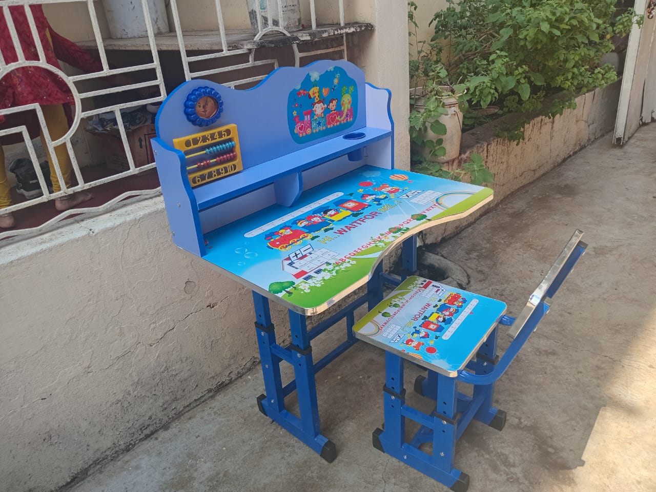 Kids Study Desk and Chair Set - Adjustable Train Theme Study Table with Abacus for Kids 