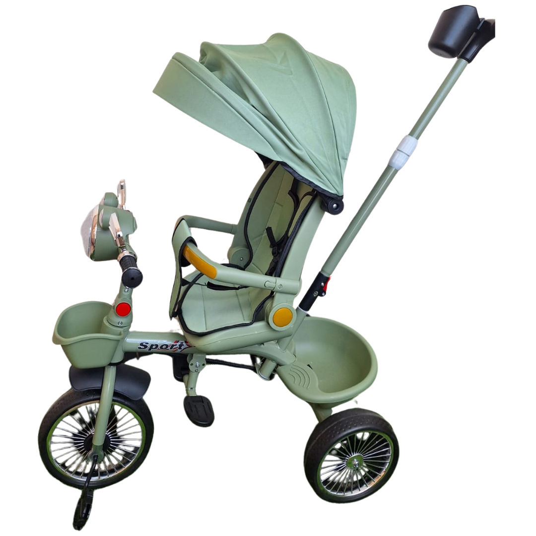 Green Push Handle Tricycle with Canopy and Safety Harness for Kids - Toddler Bike