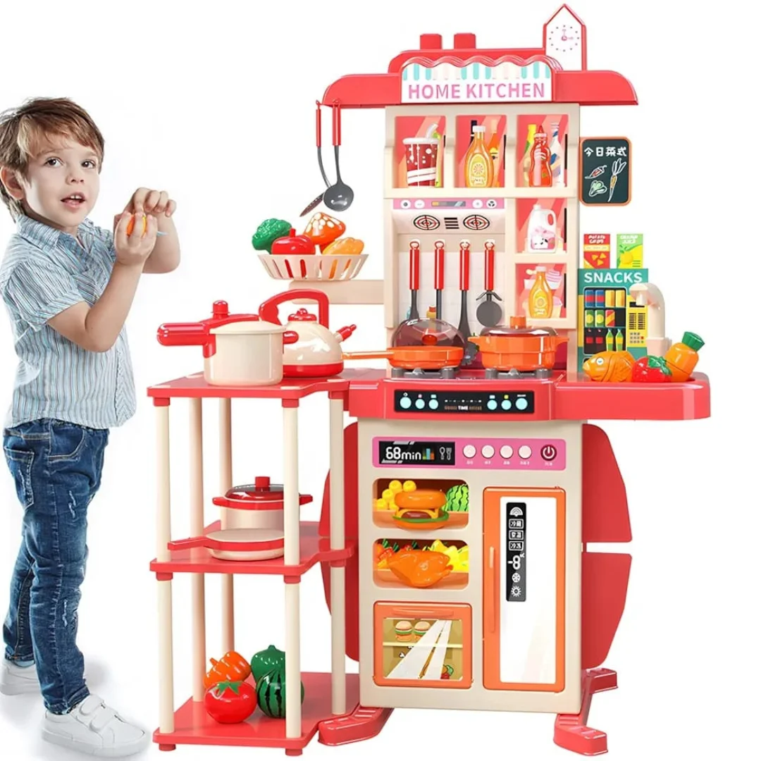 73 PCS Kitchen Set, Home Kitchen Pretend Play kitchen Set for Kids, Children's Play Kitchen Toy Kitchen Set with Light Water Steam Sound 3-8 Years Cooking Utensils Role Play Gifts 