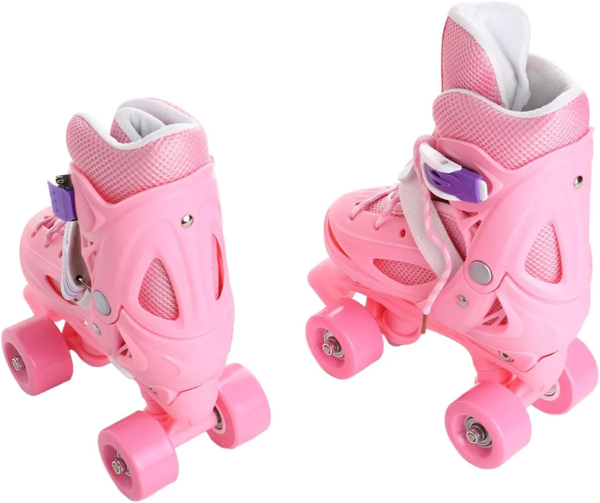 Pink Quad Skates - Adjustable 4 Wheel Roller Skates for Kids (Sizes 26-38), Skates for Girls, Toddler Skating Shoes