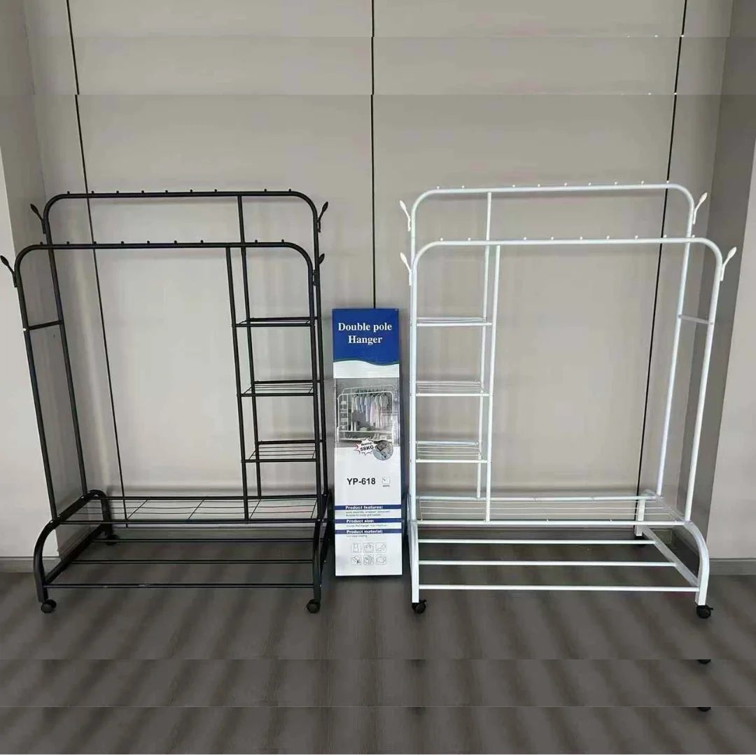 Heavy Duty Clothes Rack, Double Rods Clothing Racks for Hanging Clothes, Garment Rack with 4 Tier Closet Shelves & 4 Hooks for Clothing Storage