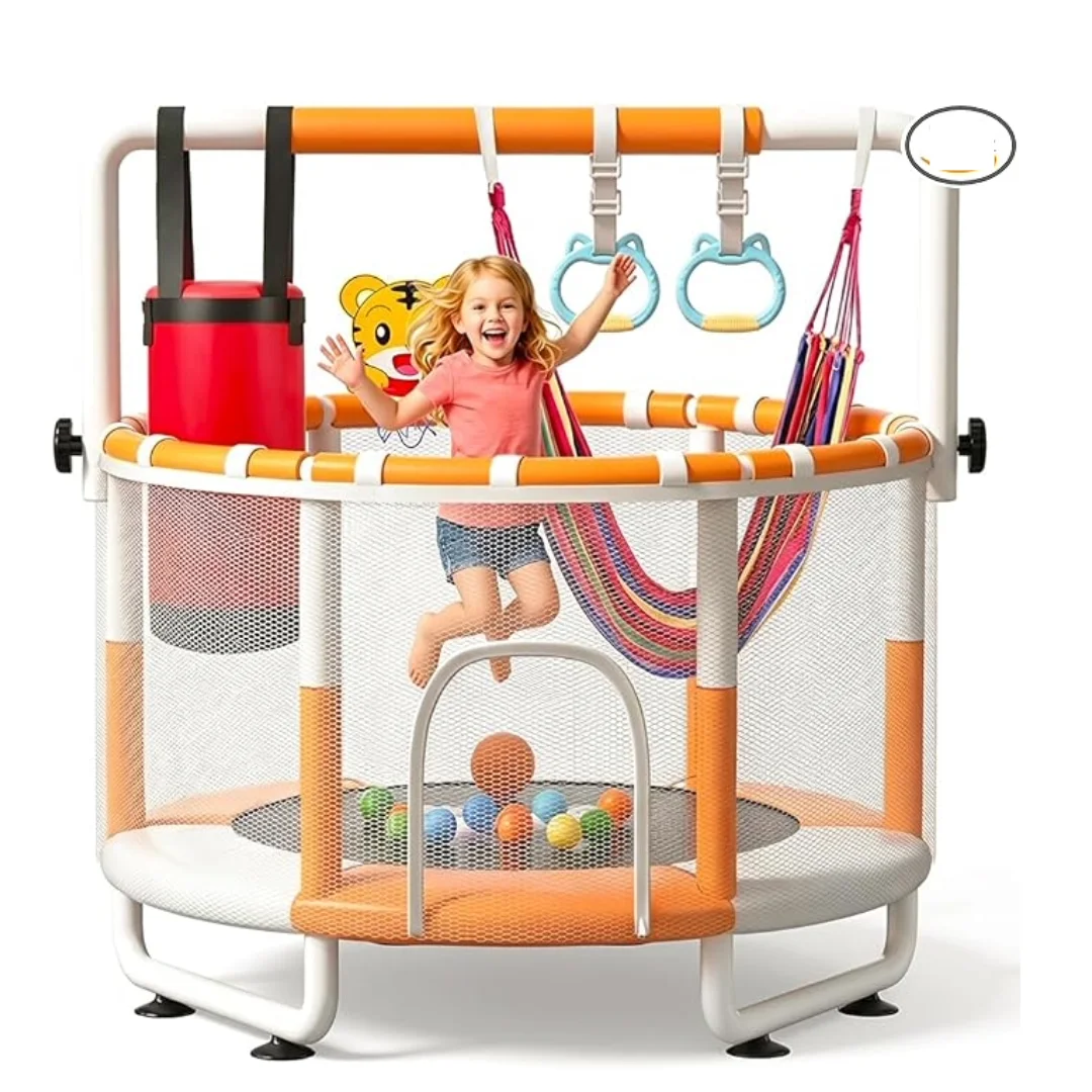 5ft Trampoline for Kids with Safety Net + Adjustable Gymnastics Bar, Kids Indoor and Outdoor Trampoline, Mini Trampoline, Small Trampoline, Indoor Trampoline for Kids, Toddler Play Gym for Boys & Girls, Birthday Gift 