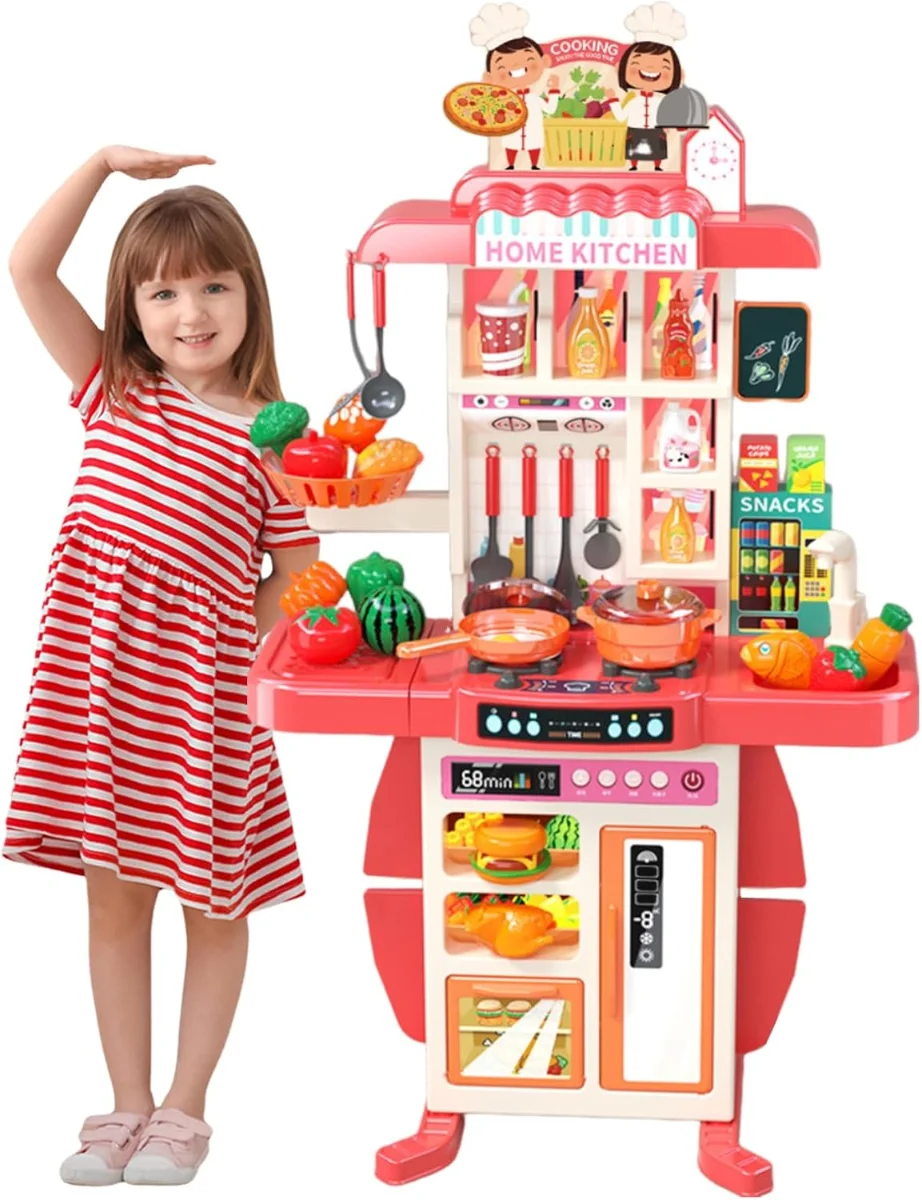 73 PCS Kitchen Set, Home Kitchen Pretend Play kitchen Set for Kids, Children's Play Kitchen Toy Kitchen Set with Light Water Steam Sound 3-8 Years Cooking Utensils Role Play Gifts 