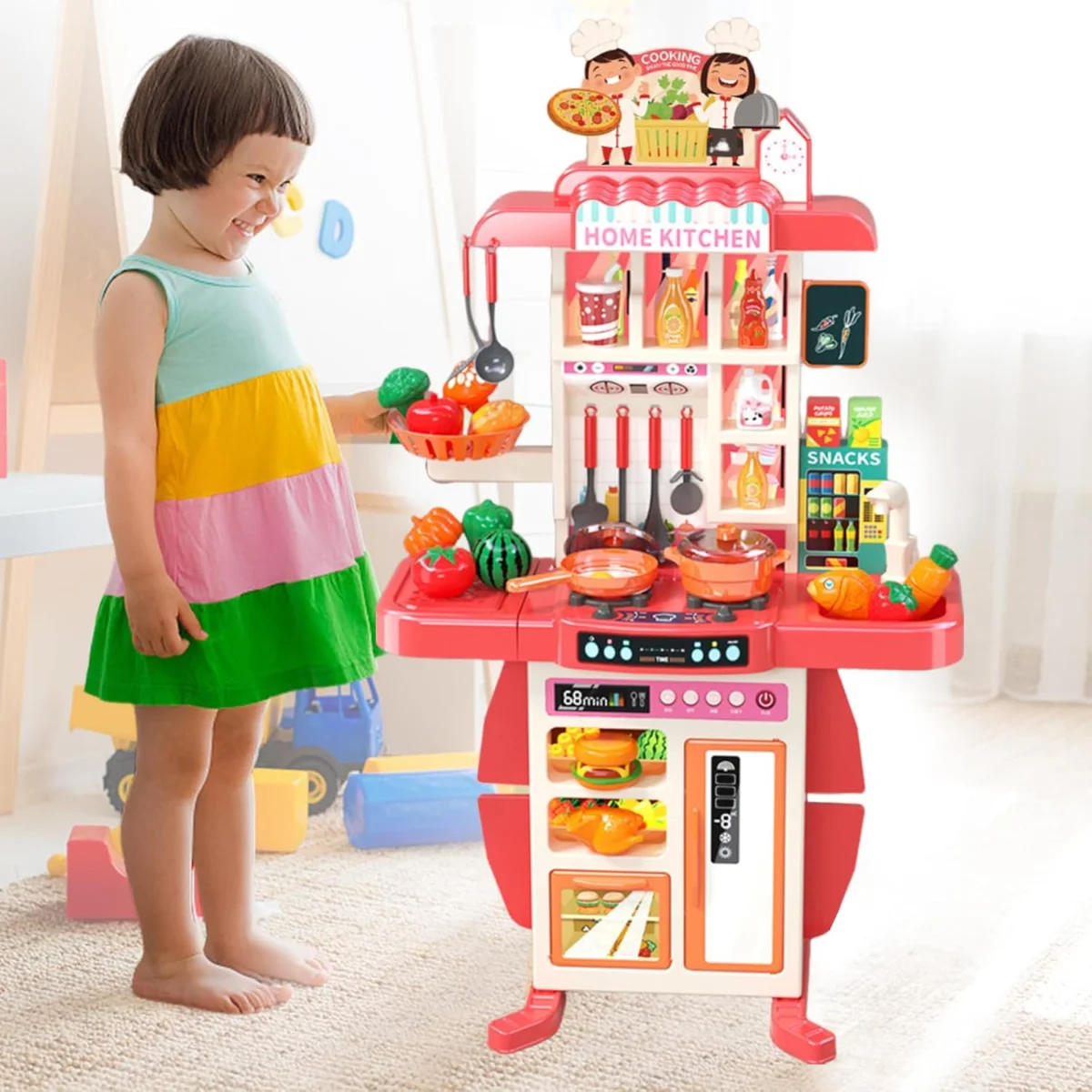 73 PCS Kitchen Set, Home Kitchen Pretend Play kitchen Set for Kids, Children's Play Kitchen Toy Kitchen Set with Light Water Steam Sound 3-8 Years Cooking Utensils Role Play Gifts 