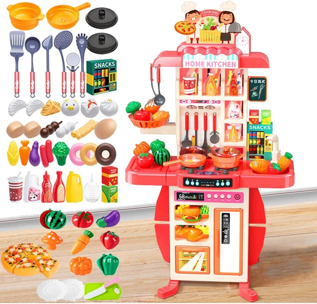 73 PCS Kitchen Set, Home Kitchen Pretend Play kitchen Set for Kids, Children's Play Kitchen Toy Kitchen Set with Light Water Steam Sound 3-8 Years Cooking Utensils Role Play Gifts 