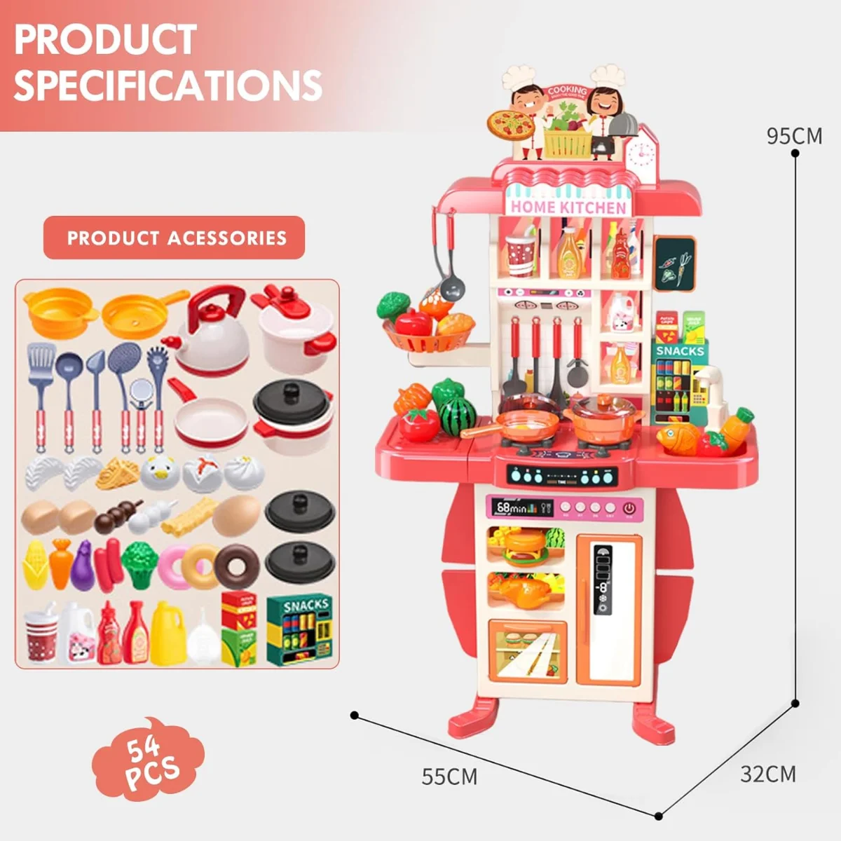 73 PCS Kitchen Set, Home Kitchen Pretend Play kitchen Set for Kids, Children's Play Kitchen Toy Kitchen Set with Light Water Steam Sound 3-8 Years Cooking Utensils Role Play Gifts 