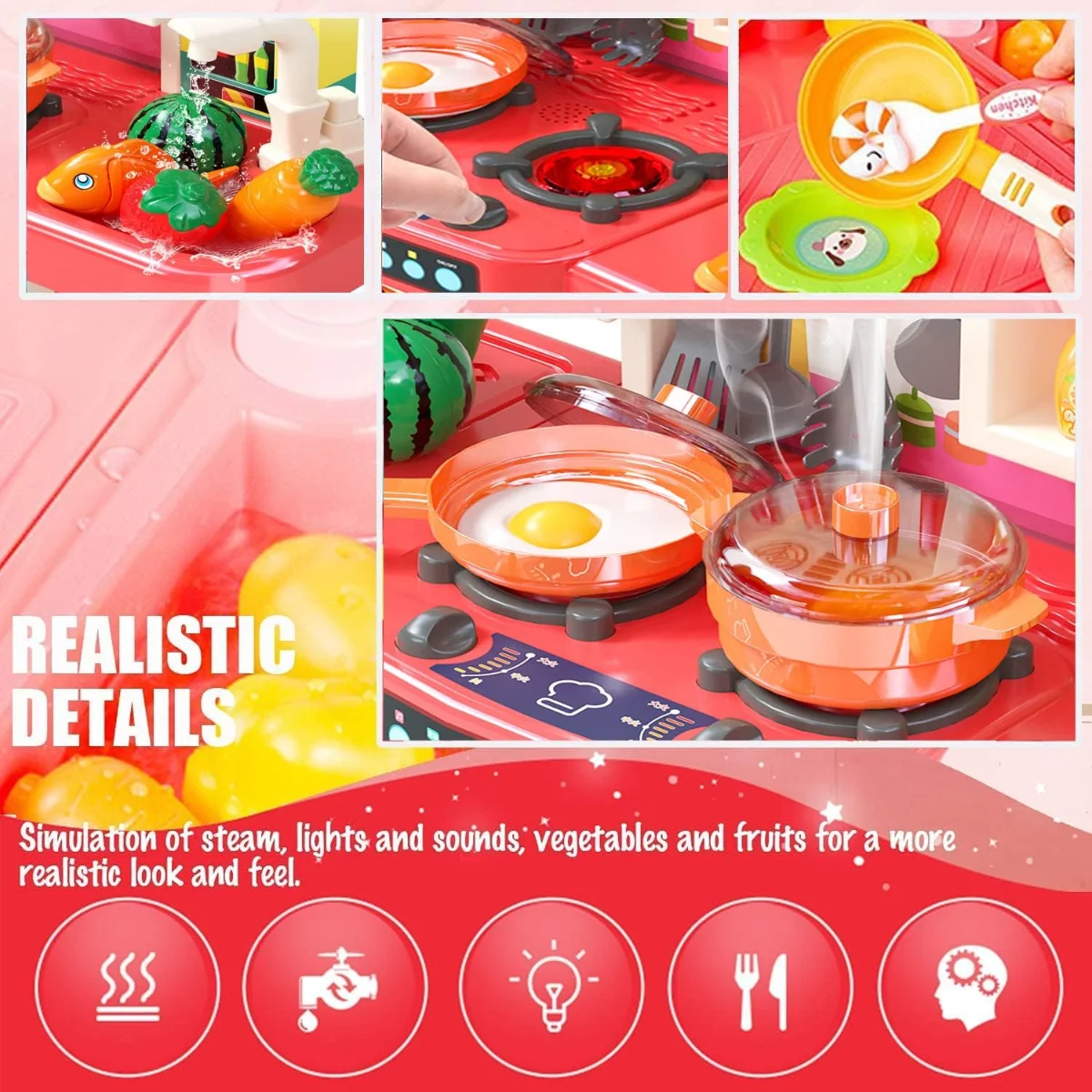 73 PCS Kitchen Set, Home Kitchen Pretend Play kitchen Set for Kids, Children's Play Kitchen Toy Kitchen Set with Light Water Steam Sound 3-8 Years Cooking Utensils Role Play Gifts 
