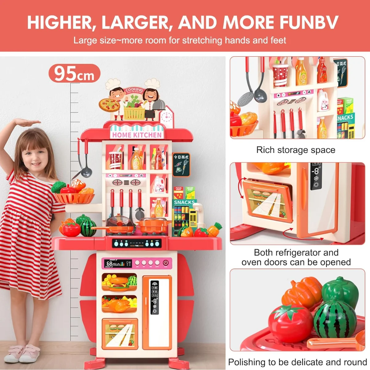73 PCS Kitchen Set, Home Kitchen Pretend Play kitchen Set for Kids, Children's Play Kitchen Toy Kitchen Set with Light Water Steam Sound 3-8 Years Cooking Utensils Role Play Gifts 