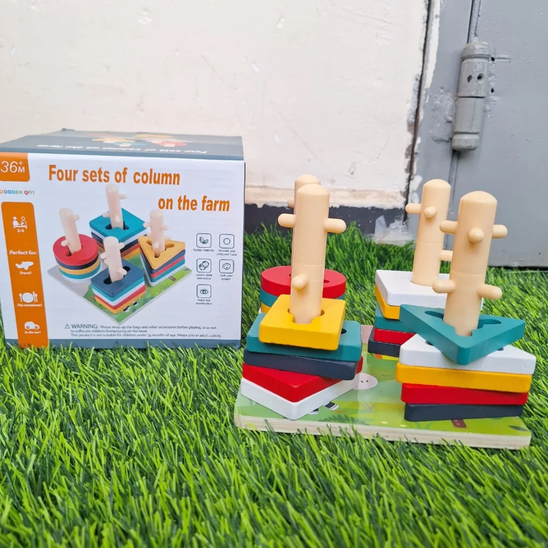Four Sets of Column on the Farm Wooden Shape Sorting Toy  for Kids - Montessori Column Puzzle -  Early Education & Learning Toys and Equipment