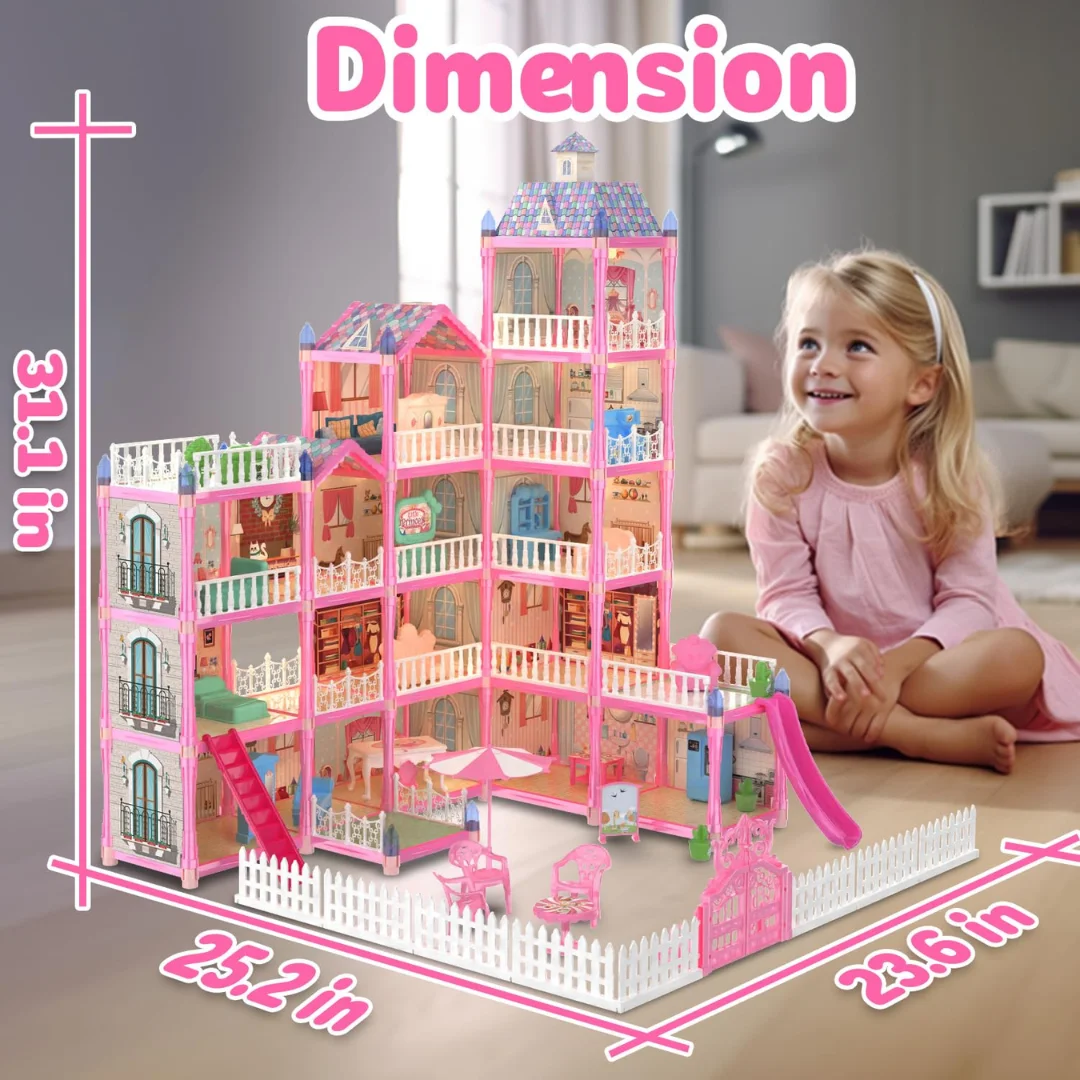 Princess Dollhouse for Kids 4-Story Pink Mansion with Lights and Slide for Imaginative Play - Pretend Play Doll House for Kids, Gifts for Girls