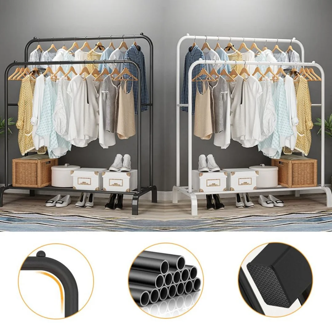 Heavy Duty Clothes Rack, Double Rods Clothing Racks for Hanging Clothes, Garment Rack with 4 Tier Closet Shelves & 4 Hooks for Clothing Storage