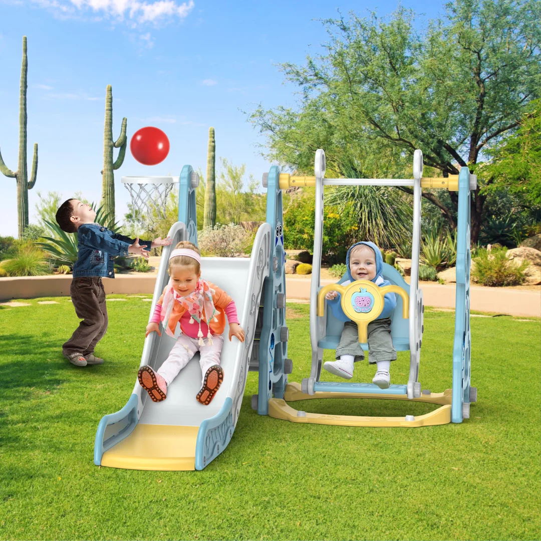 4-in-1 Kids Swing and Slide Set with Basketball Hoop - Indoor and Outdoor Playground Play Set, Playground Equipment for Kids