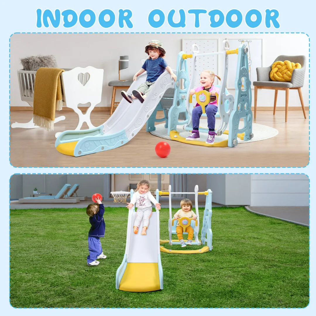 4-in-1 Kids Swing and Slide Set with Basketball Hoop - Indoor and Outdoor Playground Play Set, Playground Equipment for Kids