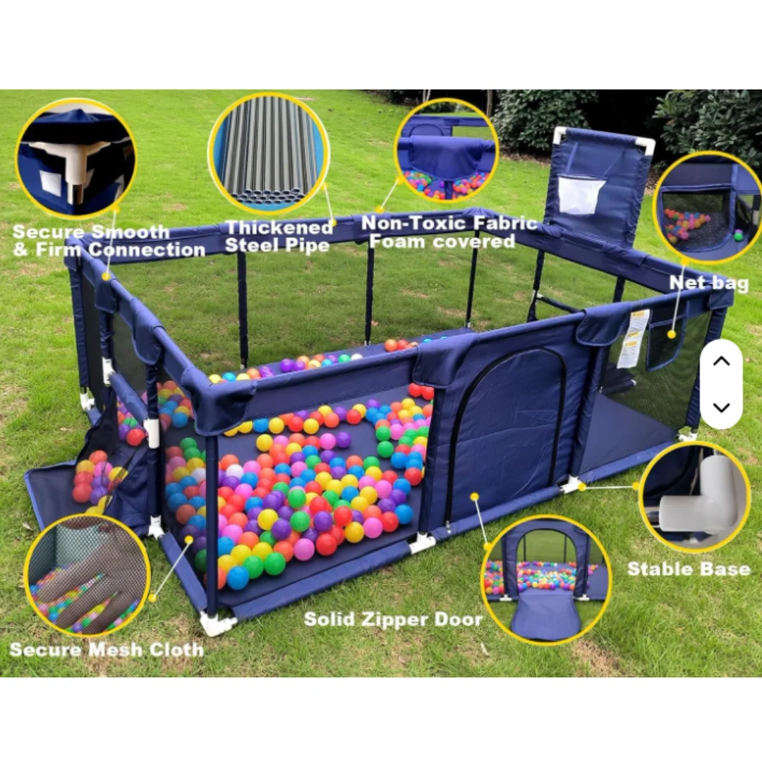 Blue Play Pen for Kids with Balls - Large Safety Fence Ball Pit | Foldable Indoor Outdoor Playpen