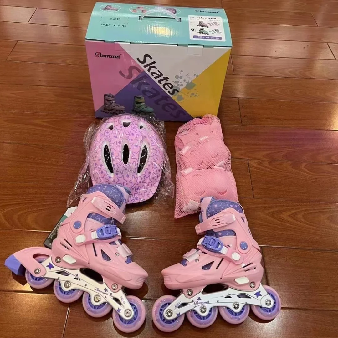 Pink Adjustable LED Light-Up Inline Skates with Helmet, Knee Pads & Elbow Pads - Premium Girls Roller Skates Set
