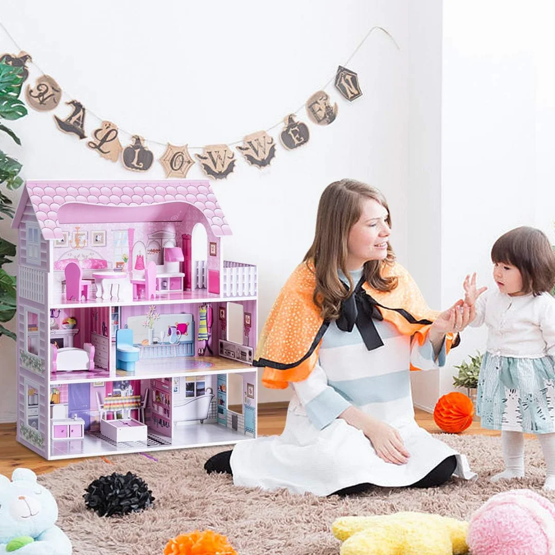 Wooden Doll House, 3-Storey Doll House with Furniture Accessories, Large Pretend Play Dreamhouse for Children - Toys for Kids
