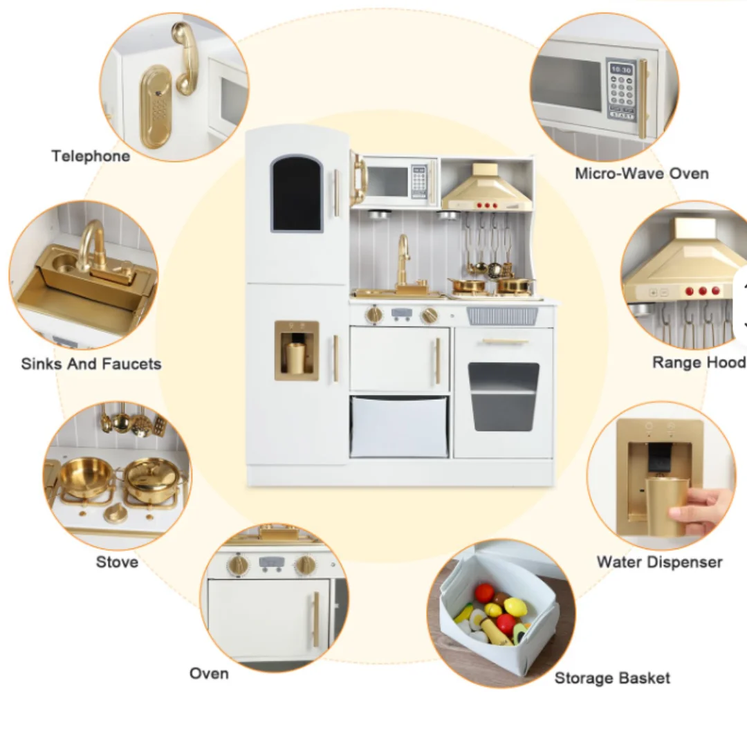 Wooden Kitchen Set for Kids (3-8 yrs), Luxury Pretend Play Kitchen Set , Wooden Kitchen with Lights, Water & Sounds for Children, Pretend Wooden Cooking Set for Kids, Gifts for Girls, Luxury Kitchen Sets, Premium Kitchen Sets for Kids, Pretend Kitchen and Utensils, Toy Kitchen
